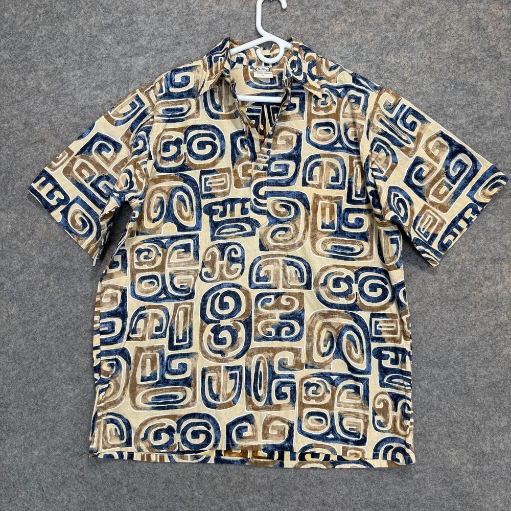 Vintage Go Barefoot Reverse‎ Print Hawaiian Shirt Mens Large Tribal Tapa USA